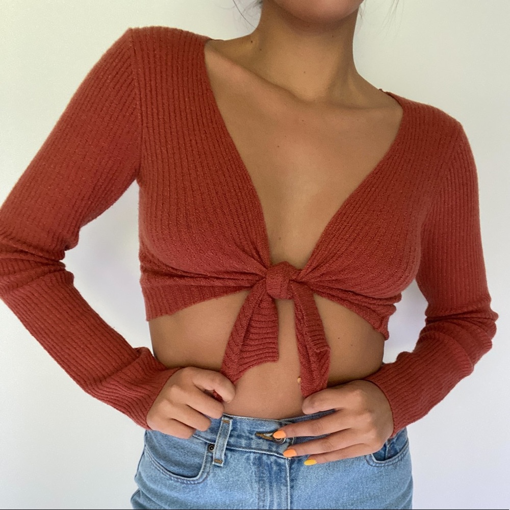 Rusty orange ribbed long sleeve top